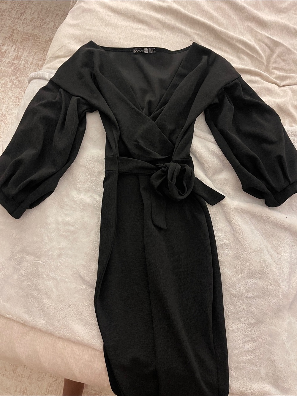 Boohoo Black Wrap Midi Dress with Puff Long Sleeves
